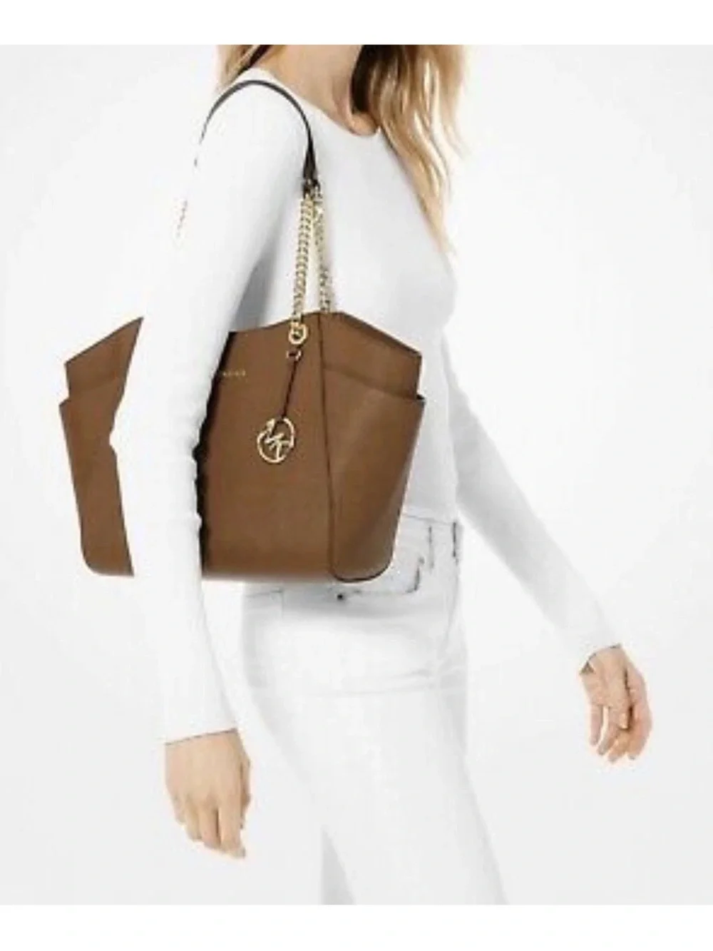 Michael Kors Cognac Leather Tote with Gold Chain Strap